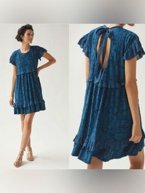 By Anthropologie Blue Keyhole Back Ruffle Knit Mini Dress XL Damask Jacquard Bow